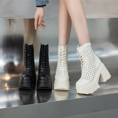 AIYUQI Frauen Sommer Stiefel High Heel 2025 Neue Echtes Leder Mesh Stiefel Frauen 11 cm Höhe Coole Stiefel frauen