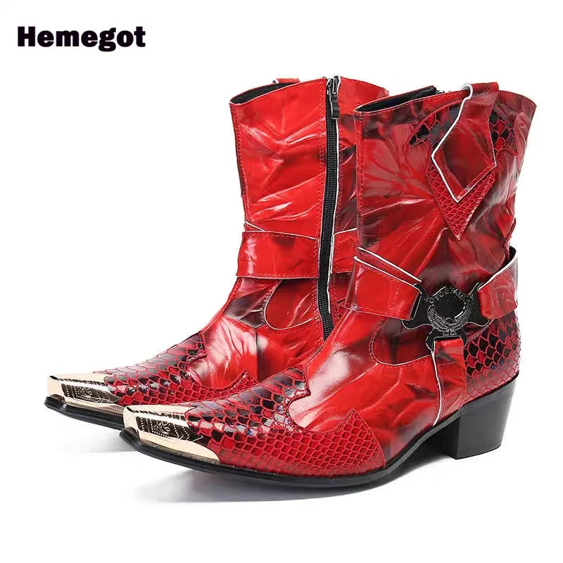 Herren-Stiefelette mit spitzem Zehenbereich, rot glänzendes Leder, seitlicher Reißverschluss, Blockabsatz