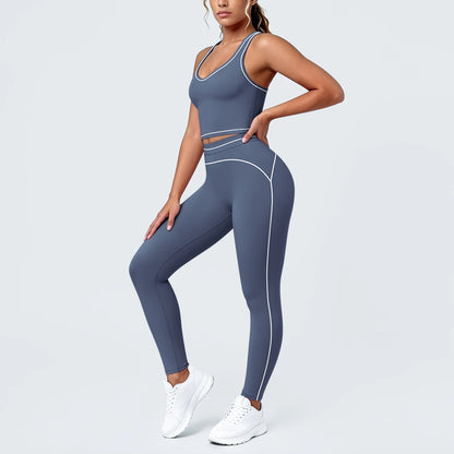 Yoga-Set aus Sport-BH-Top und Leggings, blau-grau, mit Paspel-Details an Seiten