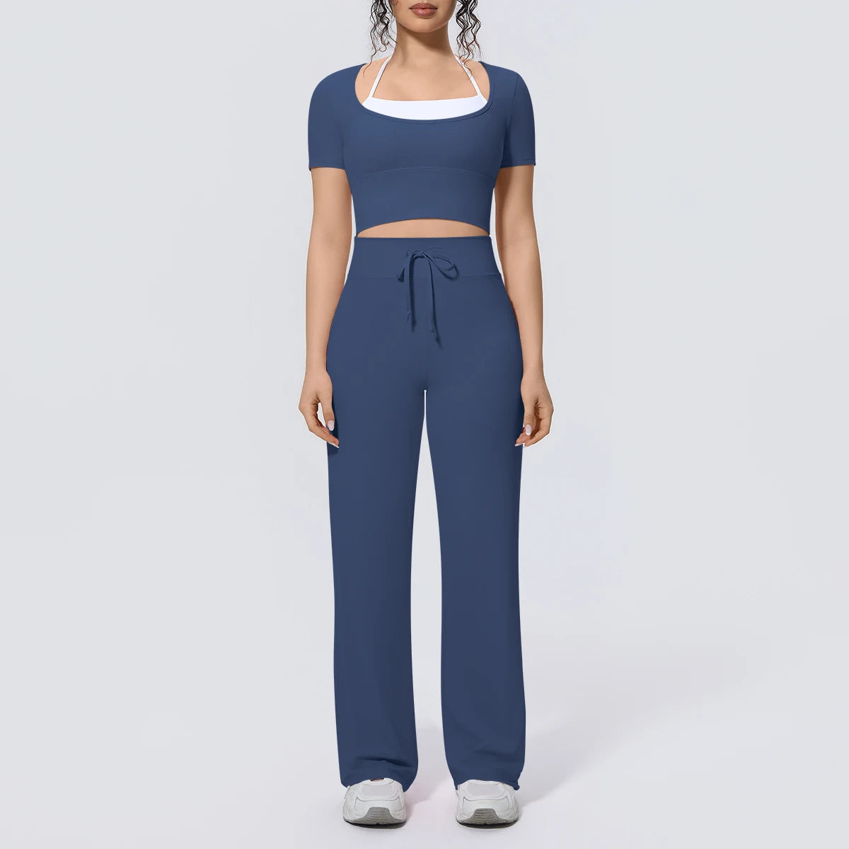 Navyfarbenes Yoga-Set mit kurzem Crop-Top und weiter Hose, Kordelzug am Bund