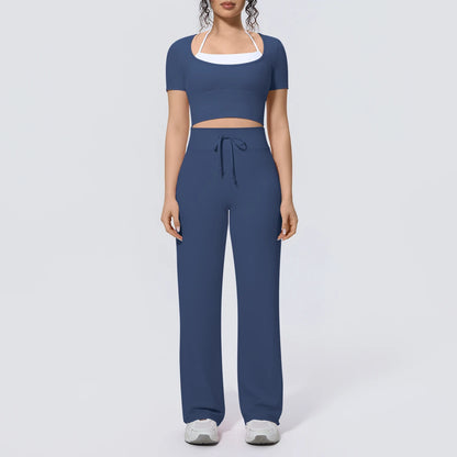Navyfarbenes Yoga-Set mit kurzem Crop-Top und weiter Hose, Kordelzug am Bund