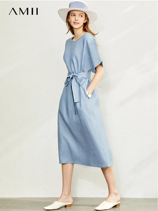 Leinen-Damenkleid hellblau mit Bindegürtel, lockerer Schnitt, Midi-Länge