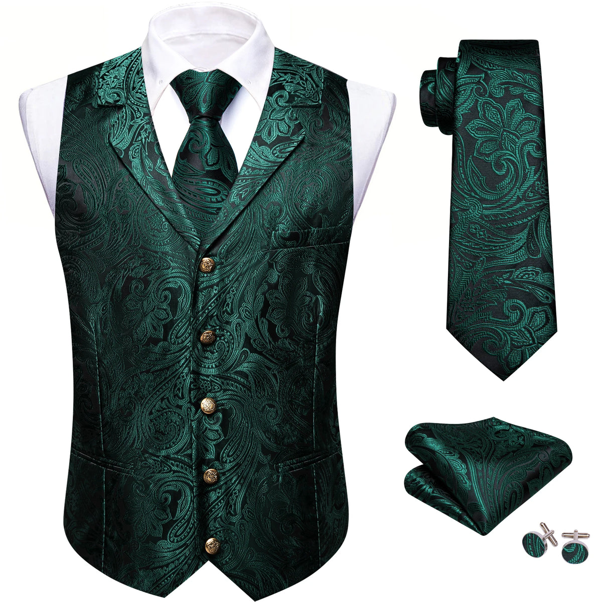 Jacquard-Herrenweste mit Paisley, dunkelgrün/teal, V-Ausschnitt, Knöpfe, Einstecktuch