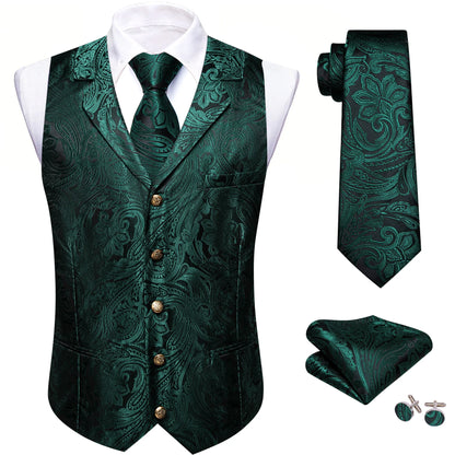 Jacquard-Herrenweste mit Paisley, dunkelgrün/teal, V-Ausschnitt, Knöpfe, Einstecktuch