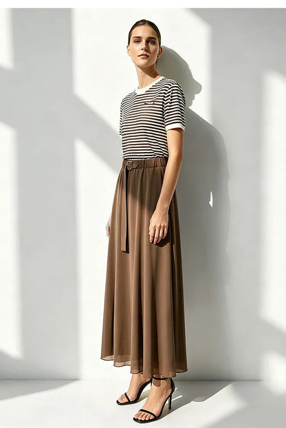 Damen-Rundhalspullover Colorblock Streifen Kurzarm locker Viskose Sommer
