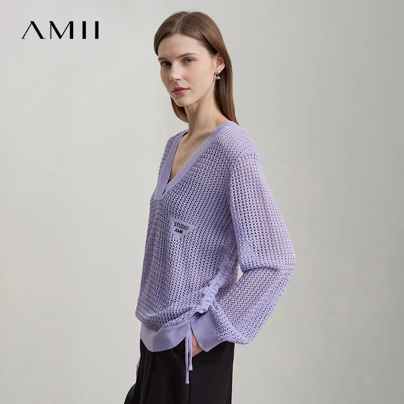 Lila Damen-Strickpullover mit V-Ausschnitt, langen Ärmeln und Bindeband am Saum