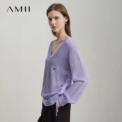 Lila Damen-Strickpullover mit V-Ausschnitt, langen Ärmeln und Bindeband am Saum
