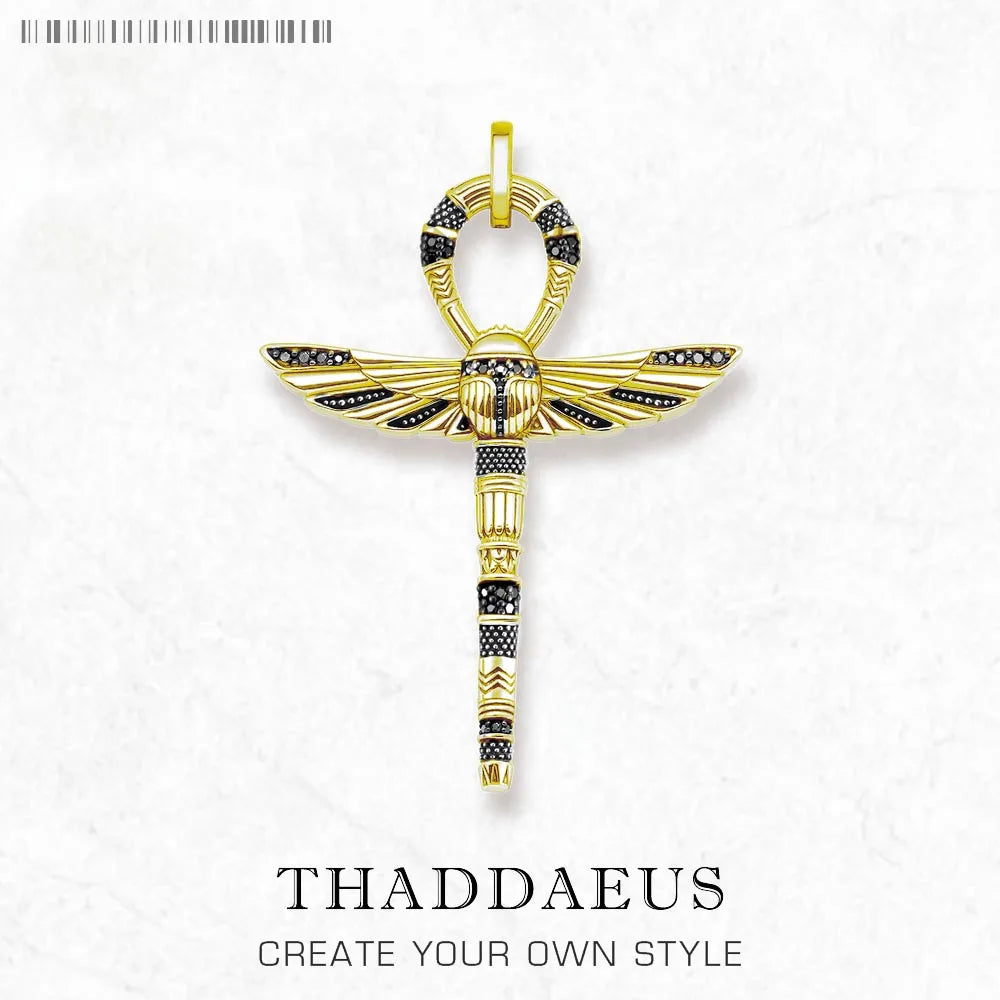 Damen-Charm-Anhänger Ankh Kreuz Skarabäus golden Vintage aus Sterlingsilber