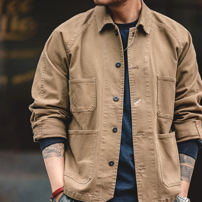 Herren Mantel aus schwerem Twill mit vier Taschen im Khaki-Farbton