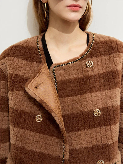 Damen Mantel aus hochwertigem Patchwork-Fleece mit warmem Crew Neck Design