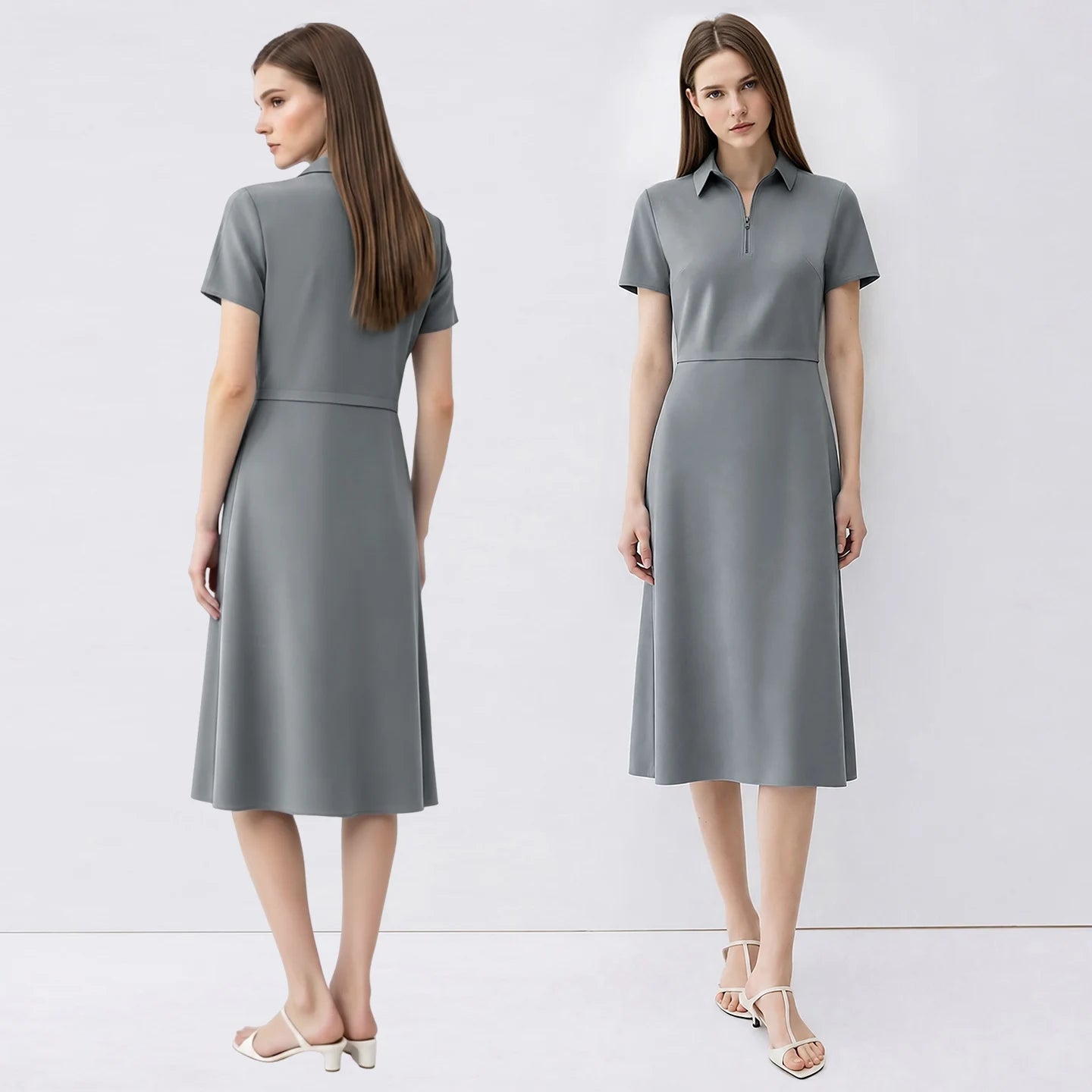 Elegantes Damen Midikleid Mit Reißverschluss Und Figurbetonter Taille