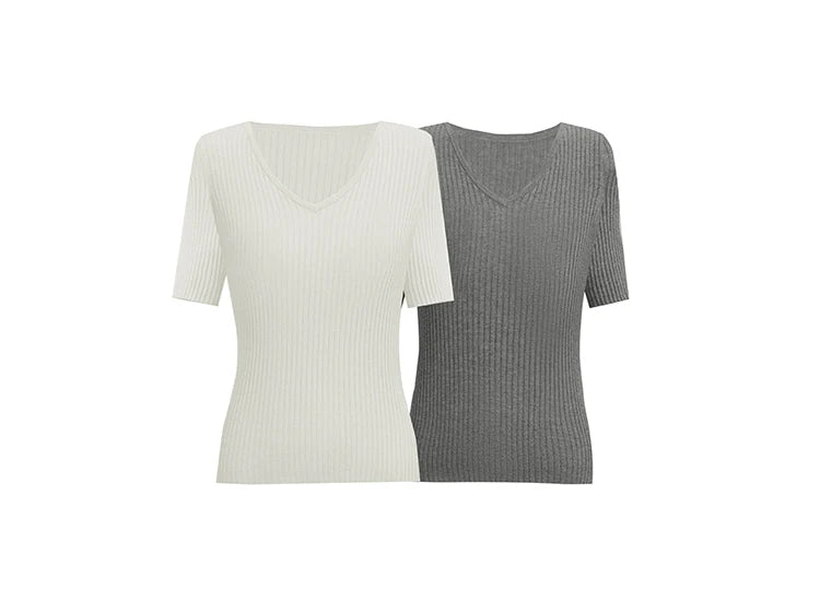 Damen V-Ausschnitt Pullover gerippt Kurzarm Viskose Büro Sommer