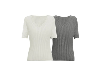 Damen V-Ausschnitt Pullover gerippt Kurzarm Viskose Büro Sommer
