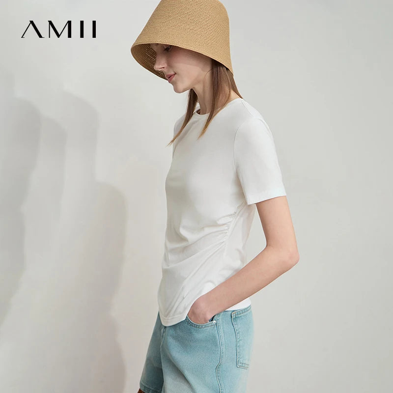 Damen T-Shirt mit Rundhalsausschnitt und gebrochenen Falten aus Modal-Baumwolle