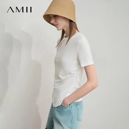 Damen T-Shirt mit Rundhalsausschnitt und gebrochenen Falten aus Modal-Baumwolle