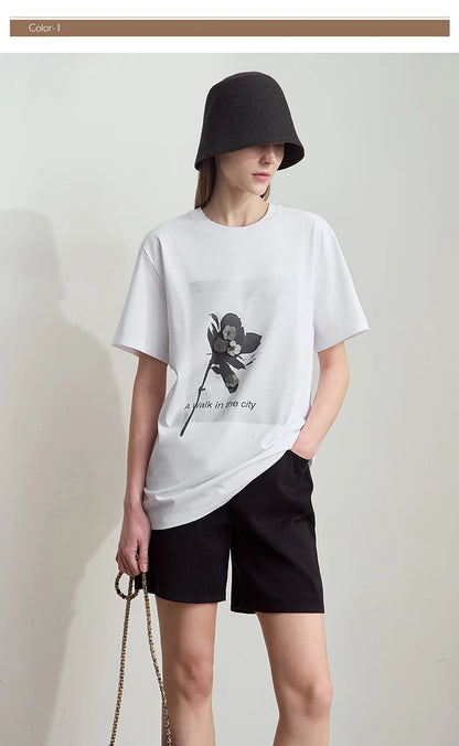 Damen T-Shirt mit minimalistischem O-Ausschnitt und Pailletten-Verzierung