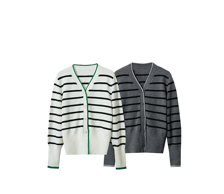 Damen-Strickjacke Streifen V-Ausschnitt locker Wolle Herbst-Winter