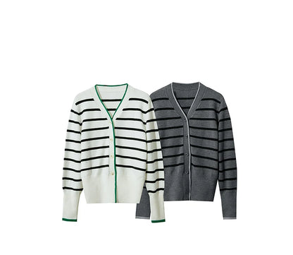 Damen-Strickjacke Streifen V-Ausschnitt locker Wolle Herbst-Winter