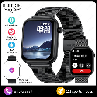 LIGE 2024 Männer Frauen Smart Uhr 1,83 Zoll Bluetooth Sprachanrufe Armband Informationen Warnungen Fitness Smartwatch Für IOS Android