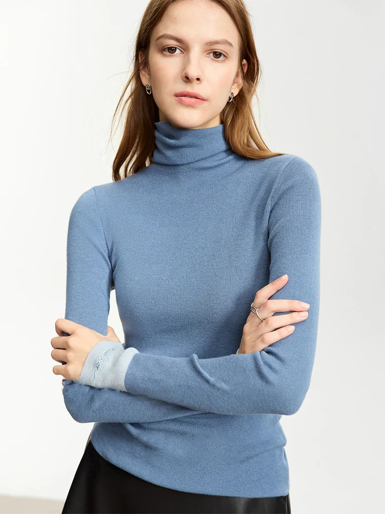 Damen-Rollkragenpullover Wolle Slim Patchwork-Splicing Herbst-Winter
