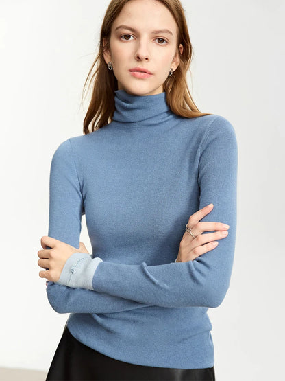 Damen-Rollkragenpullover Wolle Slim Patchwork-Splicing Herbst-Winter
