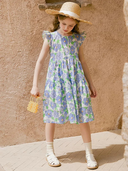 Langärmliges Prinzessinnenkleid aus Gaze in Tiefblau und Rot für Mädchen – Perfekt für Geburtstagsfeiern und Hochzeiten (3-14 Jahre)