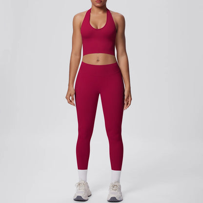 Yoga-Set für Frauen, Sport-BH und Leggings, dunkelrot, nahtarm, mit abgestimmter Beinlänge.