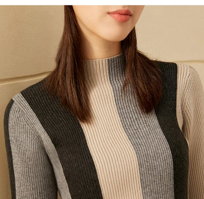Damen-Rollkragenpullover Slim Patchwork Streifen Viskose Winter