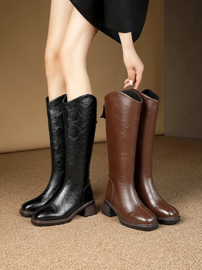 Women Winter Boots Genuine Leather Natural Wool Warm Female Knight Boots Square Toe Back Zipper Western Cowboy Boots Women