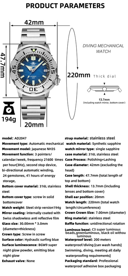 Herren-Taucheruhr mit Surf-Blue-Zifferblatt und NH35-Automatikwerk