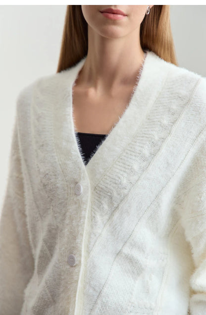 Damen-Strickjacke V-Ausschnitt Nerz-Imitat locker dick Winter