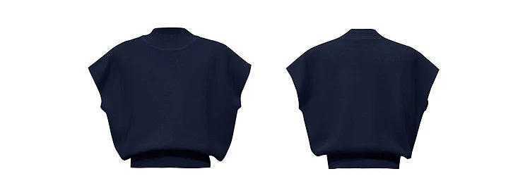 Damen-Crop-Strickpullover, Vorder- und Rückansicht, Stehkragen, kurzarm, navyblau