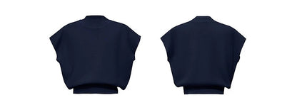 Damen-Crop-Strickpullover, Vorder- und Rückansicht, Stehkragen, kurzarm, navyblau