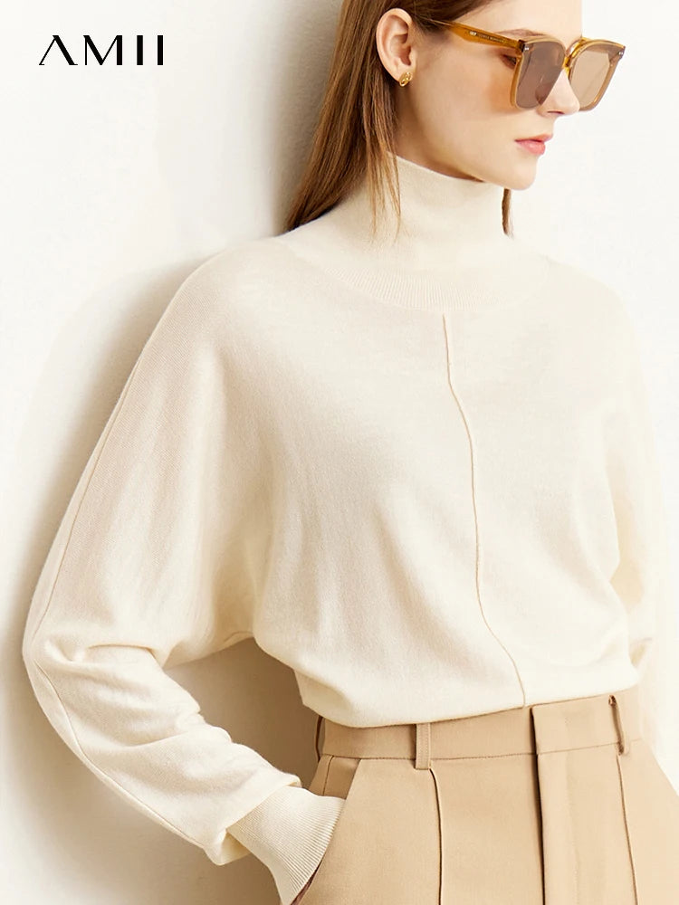 Damen-Rollkragenpullover 100 % Wolle locker Fledermausärmel Herbst