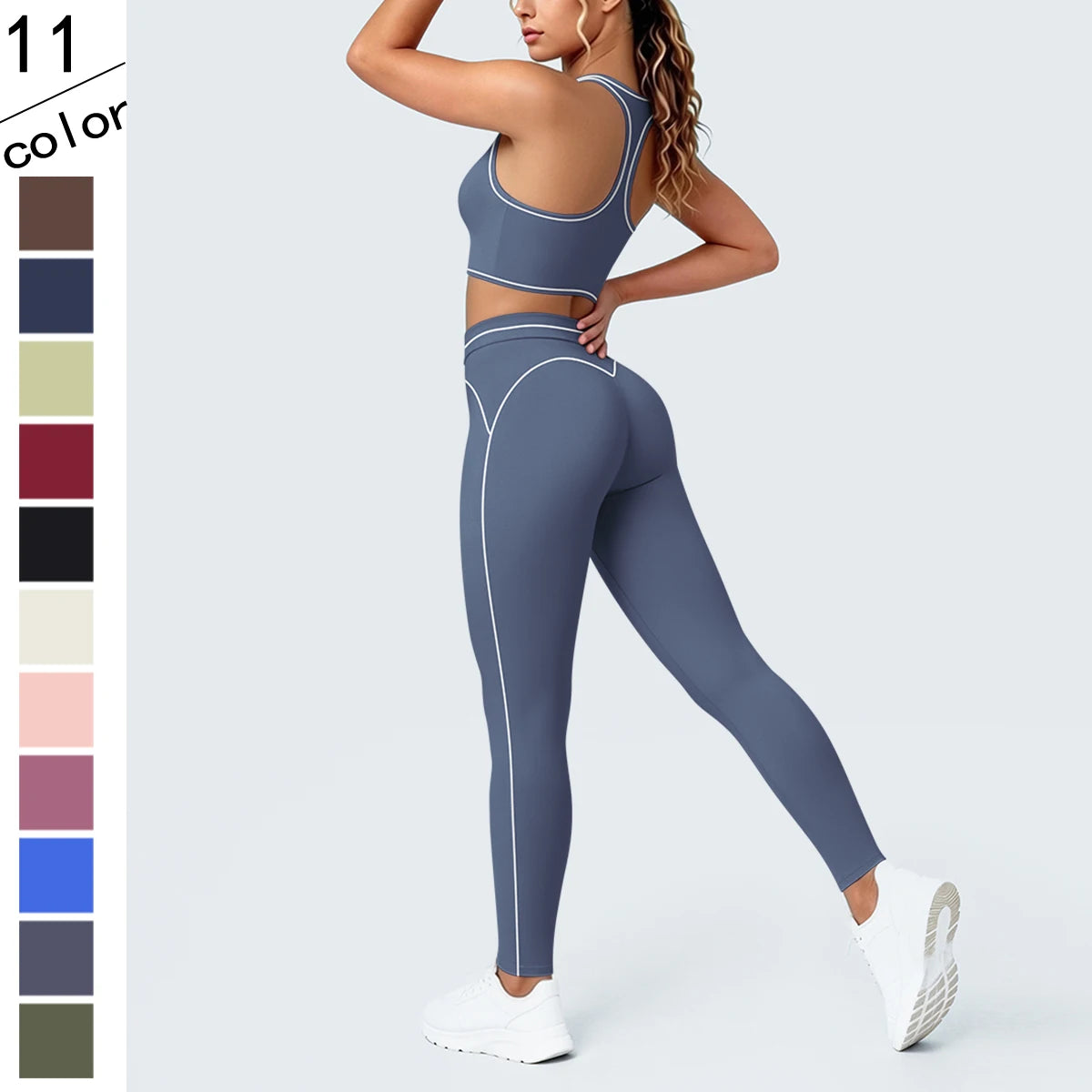 Yoga-Set aus kurzem Sport-Top und Leggings, blau-grau, mit kontrastierten Paspeln