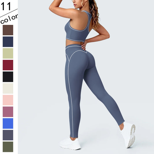 Yoga-Set aus kurzem Sport-Top und Leggings, blau-grau, mit kontrastierten Paspeln