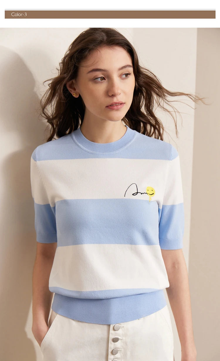 Damen Sommer-T-Shirt im Minimalismus-Stil mit gestreiftem Lächeln-Gesicht