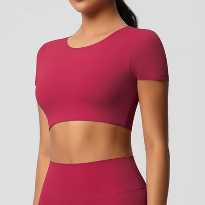 Workout-Top für Damen mit Brustpolstern, bordeauxrot, kurzarm, rundhalsausschnitt