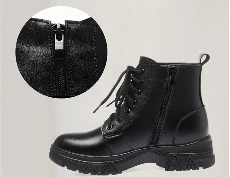 Schwarze Leder-Winterstiefelette mit Schnürung und Reißverschluss, gepolsterter Sohle