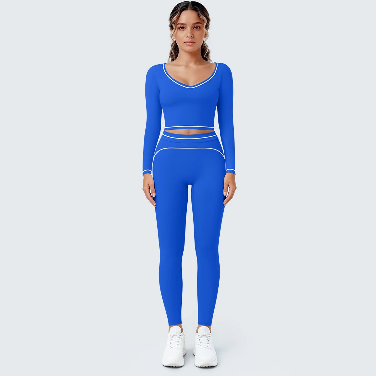Damen-Yoga-Set blau: Langarmshirt mit V-Ausschnitt, Leggings mit Kontraststreifen