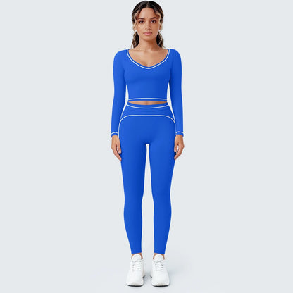 Damen-Yoga-Set blau: Langarmshirt mit V-Ausschnitt, Leggings mit Kontraststreifen