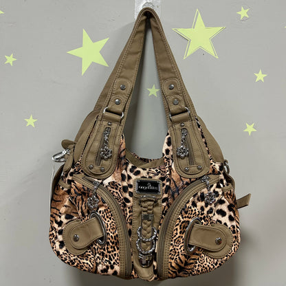 Damen-Schultertasche Leopardenmuster Vintage Stil Mit Top-Handle Griff Und Innenfach Für Smartphone
