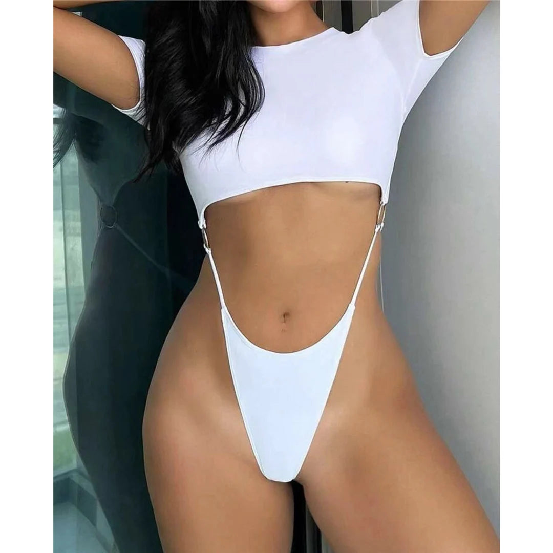 Damen Badeanzug Micro Tanga Cut-Out Monokini Kurzarm 9 Farben