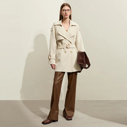 Damen Mid-Length Wollmantel im minimalistischen Stil mit Gürtel und Taschen