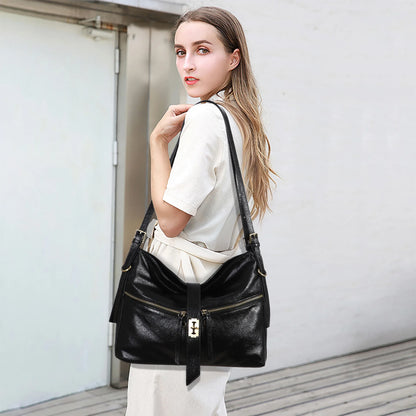Damen-Schultertasche aus Vintage Öl-Wachs-Leder mit großem Stauraum und Mehrfach-Reißverschlussfächern
