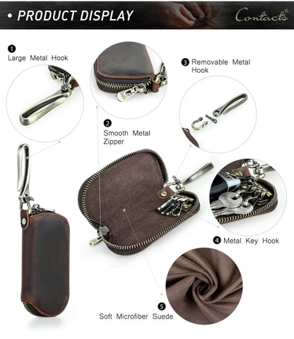 Leder-Schlüssel-Etui mit Metallhaken, glatter Metall-Zipper und Mikrofasern-Futter