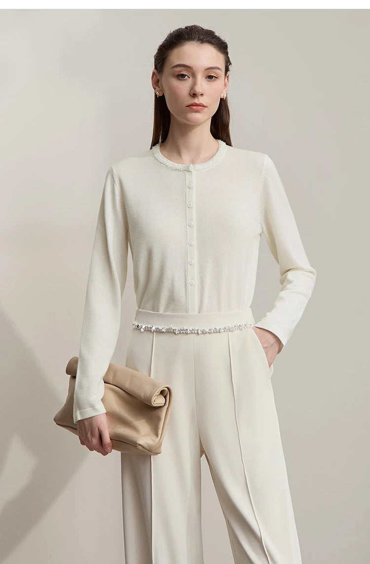 Damen-Strickjacke Rundhals einfarbig gerade Wolle Herbst-Winter