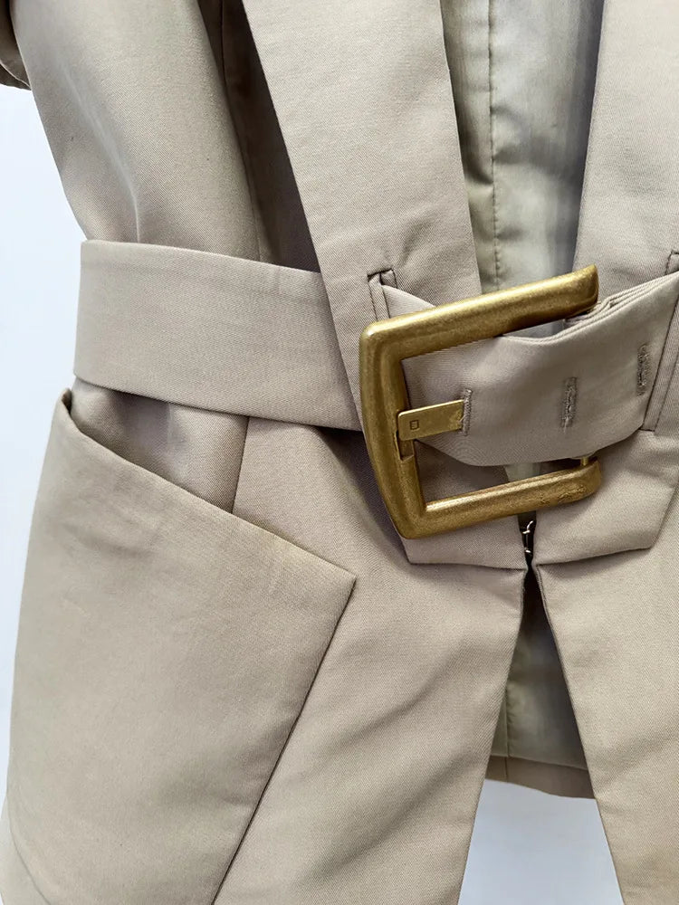 Damen-Blazer Kurzarm Gürtel lässig V-Ausschnitt Einknopf