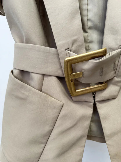 Damen-Blazer Kurzarm Gürtel lässig V-Ausschnitt Einknopf