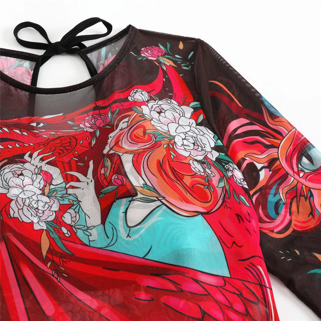 Damen-Badeanzug Blumen Langarm Sarong einteilig gepolstert